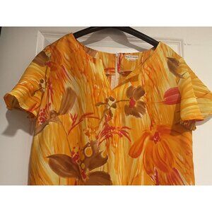 Vintage Hawaiian Floral Dress House Gown Orange Yellow MCM USA